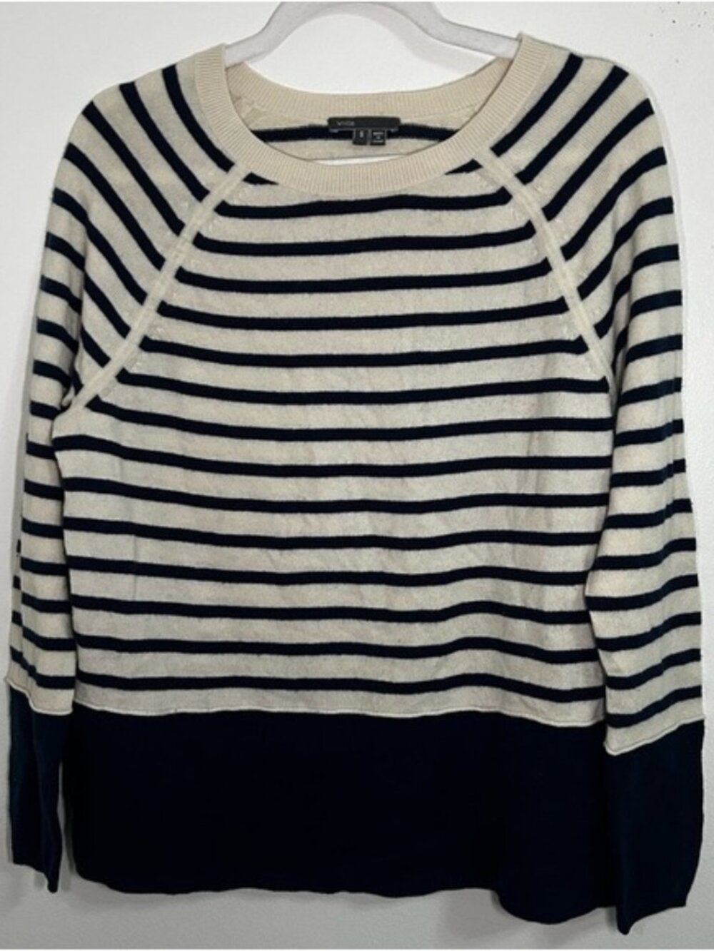 Navy Blue and cream striped crewneck cashmere blend sweater
